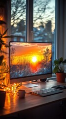 Serene winter sunset displayed on modern desktop with warm lighting and plants