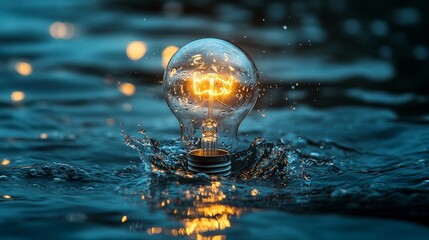 Glowing Light Bulb Submerged in Water