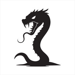 Cobra Snake Silhouette Vector Design,Aggressive Snake Illustration in Black,Coiled Snake with Open Mouth Vector,Dangerous Cobra Snake Art for Tattoo,Wild Snake Logo Design in Flat Style