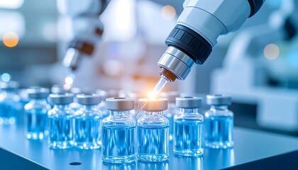 Ice-blue needle-like nanobots inject medicine at the cellular level in a glowing nano-surgery scene, highlighting precision and futuristic treatment.