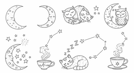 Set of hand drawn whimsical illustrations of celestial bodies and sleepy creatures. Doodle drawings of crescent moons, stars, owls, dreaming cats, and teacups steaming constellations. 