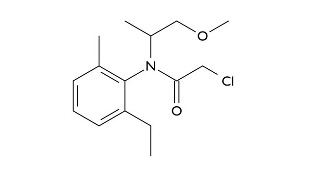 metolachlor molecule, structural chemical formula, ball-and-stick model, isolated image selective herbicide