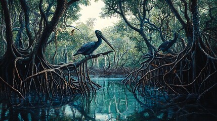 Serene Mangrove Haven: Pelicans and Tranquil Waters