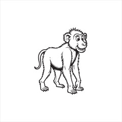 Cute Cartoon Monkey Outline Vector,Happy Monkey Coloring Page Illustration, Smiling Monkey Black and White Drawing, Vector Outline of Cheerful Monkey, Cartoon Monkey Line Art for Kids