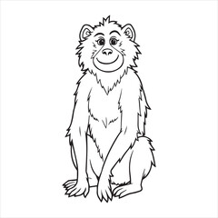 Cute Cartoon Monkey Outline Vector,Happy Monkey Coloring Page Illustration, Smiling Monkey Black and White Drawing, Vector Outline of Cheerful Monkey, Cartoon Monkey Line Art for Kids