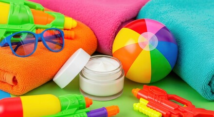 Summer beach essentials with colorful towels, sunglasses, and water guns