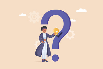 Businesswoman Enter an Light Bulb Idea into Giant Question Mark