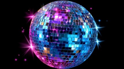 Obraz premium The picture of a luminous disco ball reflecting light onto a dark background personifies the ideas of jubilation, celebrations, recreation, evening fun, and entertainment