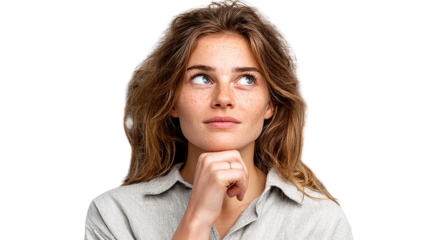 Thoughtful young woman with freckles, looking upwards with curiosity and contemplation against a transparent background, pondering ideas and possibilities.