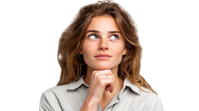 Thoughtful young woman with freckles, looking upwards with curiosity and contemplation against a transparent background, pondering ideas and possibilities.