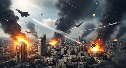 Fighter jets unleash fiery destruction upon a sprawling urban landscape amidst a chaotic aerial bombardment.