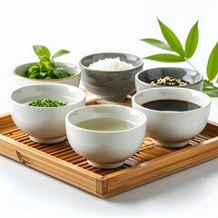 Zenith oriental condiments assortment exquisitely arranged on wooden tray on white background
