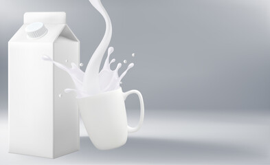 Milk or Yogurt splashing with packaging mock up isolated on solid color background. Food and drink concept