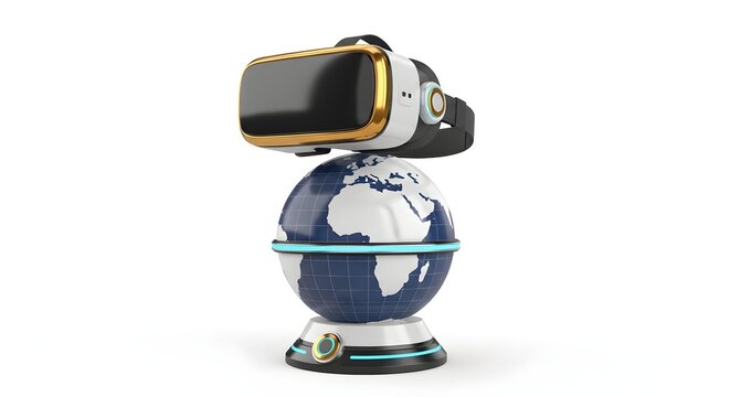 Vr Headset Sitting Atop Blue Globe on White Background