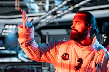 Astronaut reacting to red light alert signals during security breach inside orbital station....