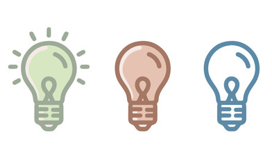 Three stylized light bulb vectors with green, pink, and blue colors


