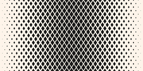 Vector halftone geometric seamless pattern with diamonds, grid, mesh, lattice, rhombuses. Abstract black and white background texture with gradient transition effect. Trendy modern repeated geo design