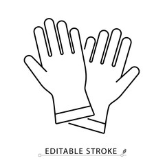 A gloves icon in minimalist style with editable stroke. Protective equipment, work gloves, handwear, safety accessory, hygiene symbol, line illustration, outline object, flat vector element.