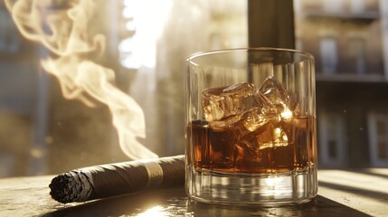 Cognac, cigar, and city view