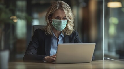 Businesswoman with face mask working on laptop in modern office environment