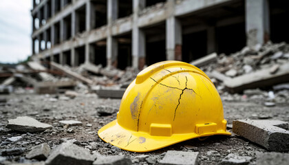 A damaged yellow safety helmet lies on the rubble next to a collapsed concrete building, bringing to mind an industrial collapse and potentially dangerous site conditions.