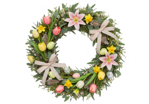 Isolated Easter Wreath with Tulips Lilies Daffodils and Eggs Transparent