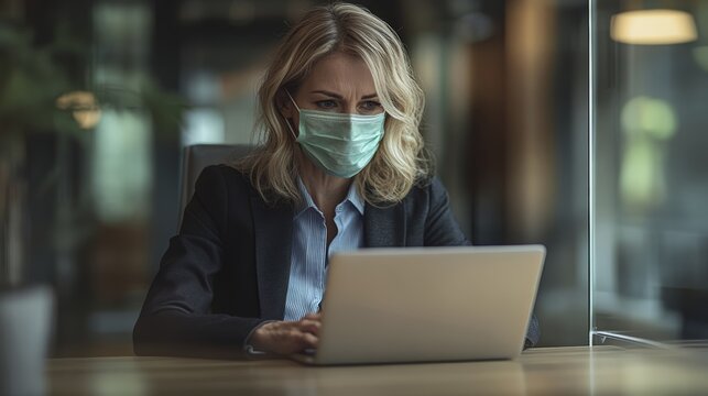 Businesswoman with face mask working on laptop in modern office environment