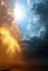 Fototapeta premium Dramatic Contrast Between Warm Thunderstorm and Cool Skies Showcasing Lightning and Dynamic Weather Patterns Over a Serene Ocean Background