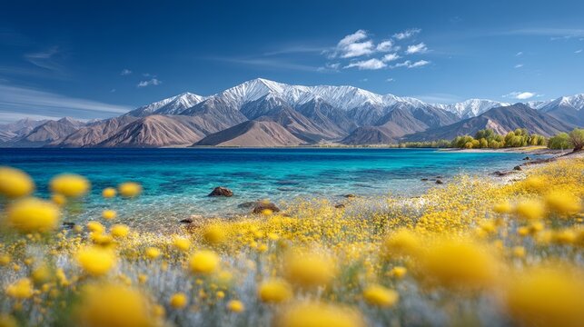 Eco-tourism campaigns and wall art often feature sunlit alpine meadow flowers by lakeshore with distant peaks, golden petals against mountain backdrop