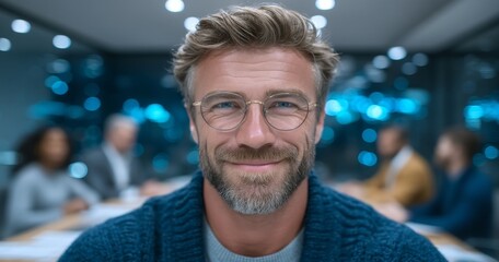 A coding bootcamp review and website planning session takes place in an office between business people, a programmer, and a software engineer using a tablet for collaboration