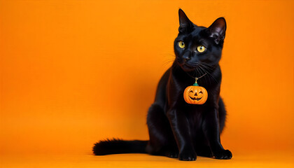 A black cat wearing a pumpkin pendant, isolated on an orange background, capturing a cute and spooky Halloween vibe.