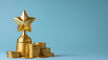 Golden Star Trophy with Stacked Gold Coins on Blue Background, Financial Success and Achievement Concept, Business Excellence Award and Wealth Visualization, Investment and Profit Metaphor