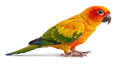 Fototapeta premium Sun conure parrot bird on white background. Exotic pet or wild tropical animal profile view. Scientific photography for education and nature study.