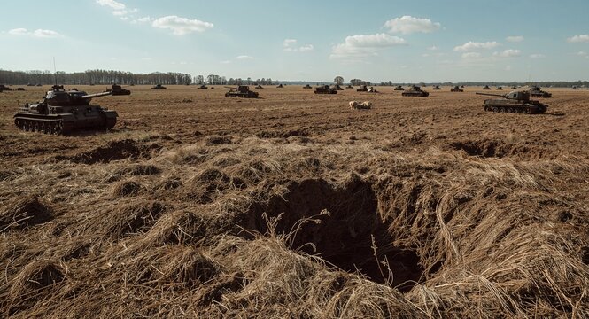 Abandoned farmland overrun by tanks and artillery shell craters everywhere