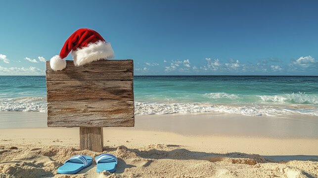 Christmas on the Beach with Santa Hat and Wooden Sign Decoration - Powered by Adobe