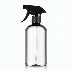 Sleek translucent spray bottle with dark nozzle for liquid dispensing on white background