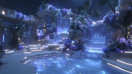 A lush jungle surrounds a serene waterfall, with vibrant greenery and mist creating a tranquil atmosphere