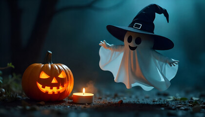 A white ghost wearing a black witch hat stands beside a burning pumpkin and a glowing candle, set against a dark black night background for a spooky Halloween scene.
