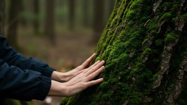 Hands touching moss covered tree trunk