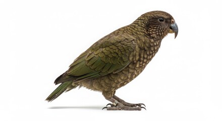 Obraz premium Side view of a kea, also known as alpine parrot, standing against a white background. Wild new zealand bird from the parrot family.