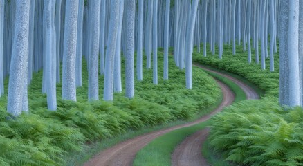 Surrounded by tall trees, a serene forest pathway promotes environmental awareness and the preservation of nature, perfect for themes related to the environment