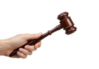 Isolated Hand Holding Wooden Gavel for Auction Judge Law in Transparent