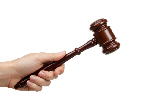 Isolated Hand Holding Wooden Gavel for Auction Judge Law in Transparent