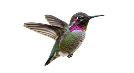 Fototapeta premium Hummingbird flying with iridescent feathers isolated on a white background. Small bird in motion on white. A jewel of nature.