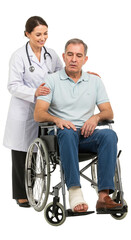 Obraz premium Isolated Full Shot of Nurse Assisting Man in Wheelchair on Transparent