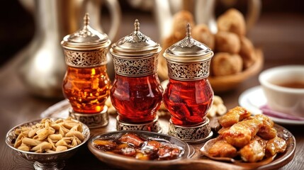 Colorful array of traditional Middle Eastern treats and tea