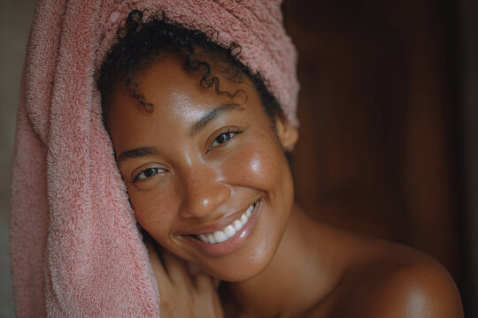 a woman with a towel on her head