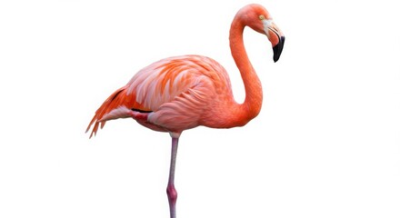 Single pink flamingo bird standing on one leg isolated on a white background, symbolizing elegance and exotic wildlife.
