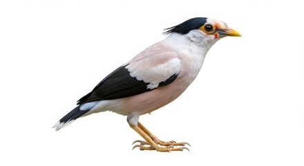 Pink starling bird with black and white feathers standing on a white background. Isolated animal for design elements and nature concepts.