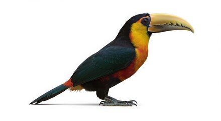 Colorful toucan perching on white background. Tropical bird with vibrant feathers and large beak. Exotic wildlife concept.